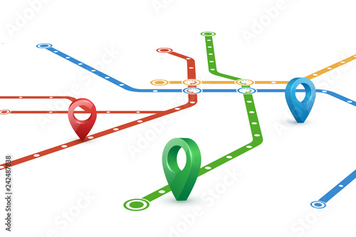 Abstract map of subway routes. Perspective view. Realistic 3D pointers