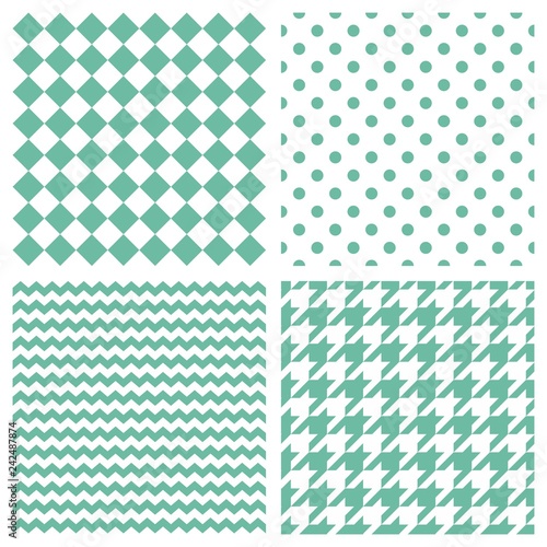 Tile vector pattern set with mint green polka dots, hounds tooth, hearts and stripes on blue background