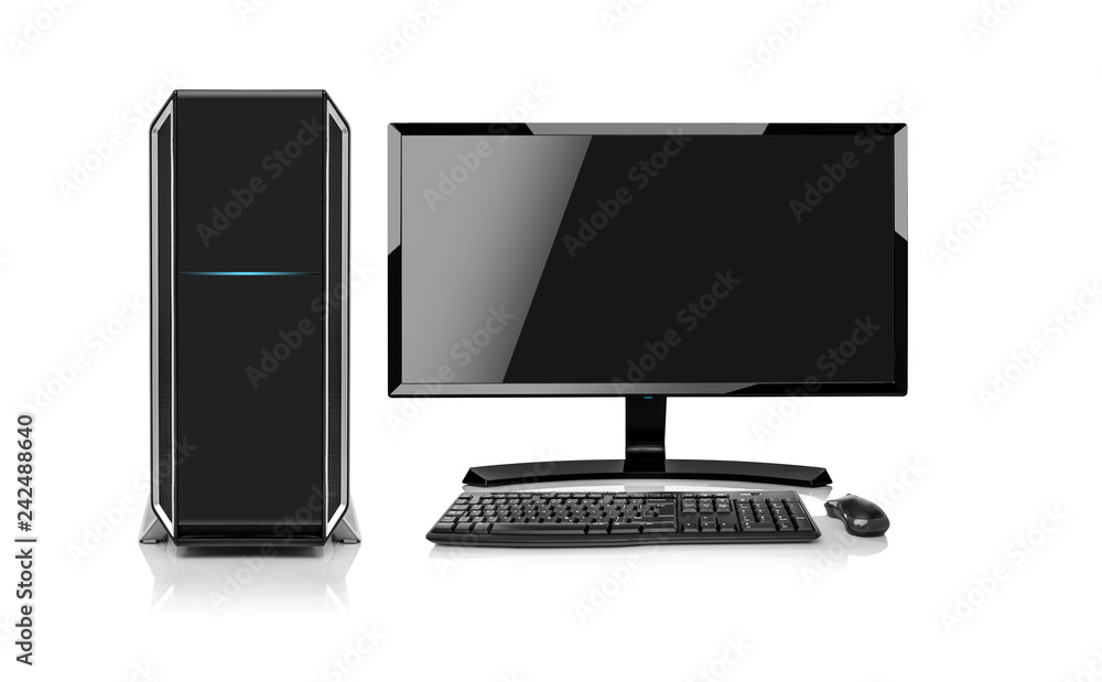 Modern desktop computer with wireless keyboard and mouse is0lated on white. Modern desktop computer with wireless keyboard and mouse is0lated on white.