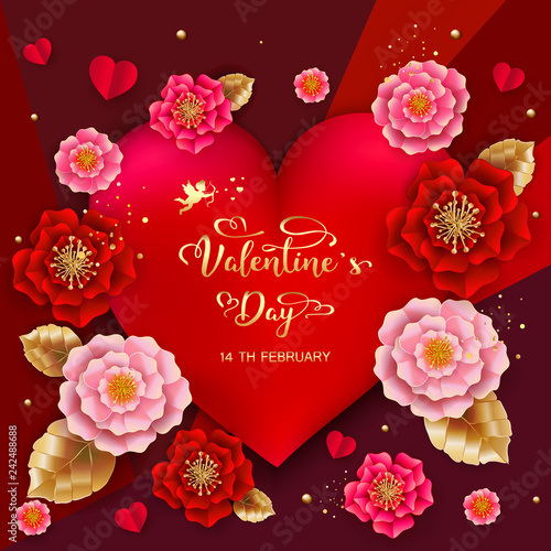 Happy Valentines day banner with beautiful colorful flowers and hearts. Can be used for template, banners, wallpaper, flyers, invitation, posters, brochure, voucher discount. Vector illustration