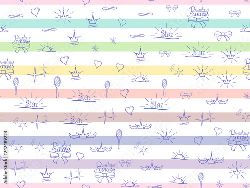 Seamless pattern Little Princess. Soft colors sketch, cute doodle baby elements. Princess concept. Childish background. Hand drown design for girl. Crown heart sun stars princess. Vector illustration