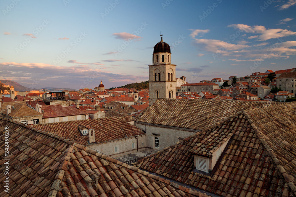 Dubrovnik, Dalmatia, Croatia - Old town of Dubrovnik at sunset, view from the fortress wall	