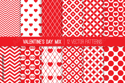 
Red and White Valentine's Day Seamless Vector Patterns with Hearts and Hugs and Kisses XOXOs. Cute Romantic Backgrounds. Vector Tile Swatches Included.