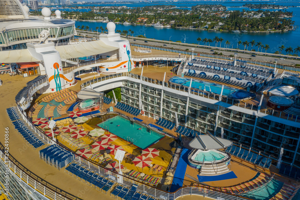 Aerial drone photo Allure of the Seas mega cruise ship Port Miami