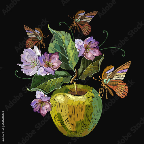 Embroidery green apple, flowers and butterfy. Spring tapestry art. Fashion template for clothes, textiles and t-shirt design