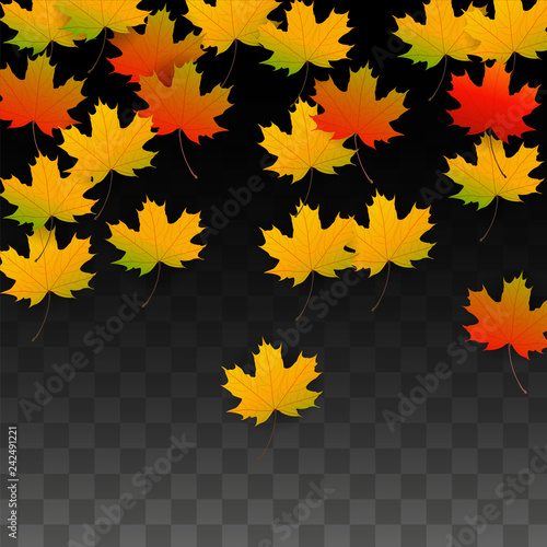 September Vector Background with Golden Falling Leaves. Autumn Illustration with Maple Red, Orange, Yellow Foliage. Isolated Leaf on Transparent Background. Bright Swirl. Suitable for Posters.