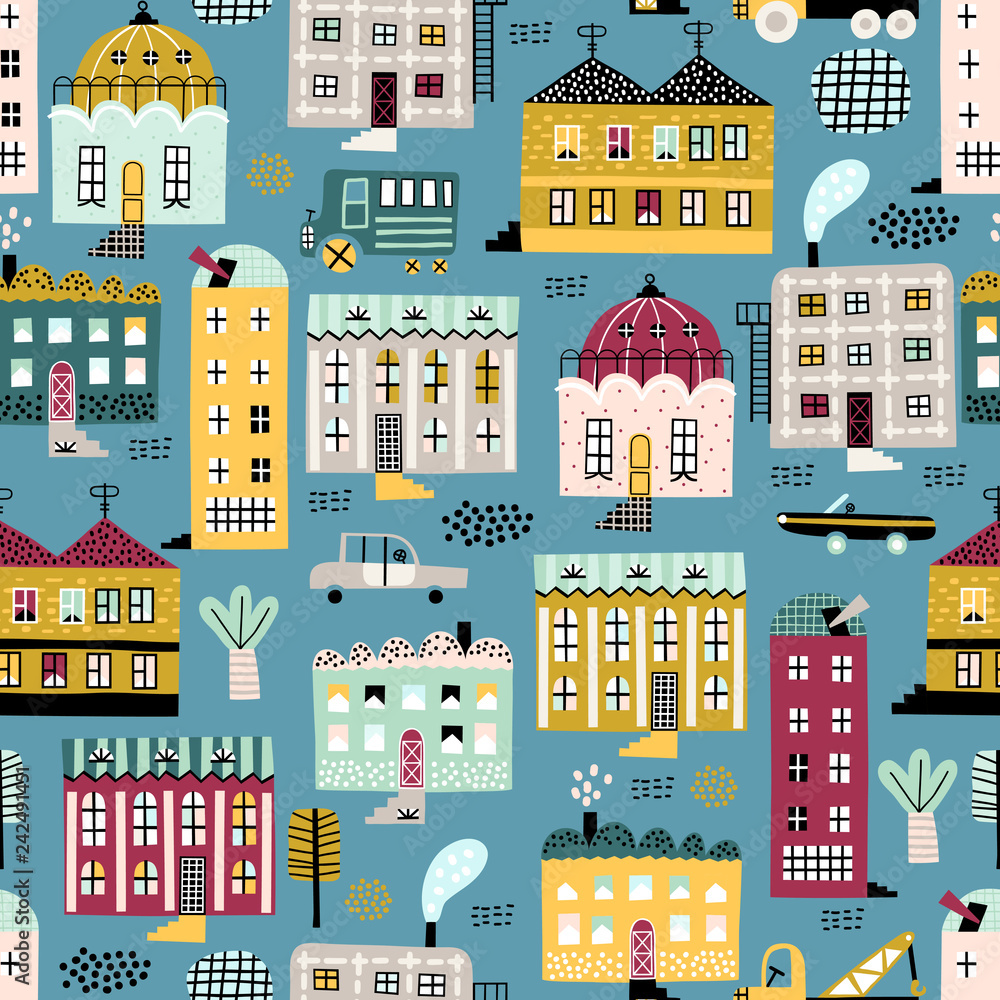 Cute childish seamless pattern with old buildings and cars. Good for kids fabric, textile, nursery wallpaper. Seamless city landscape. Kids pattern.