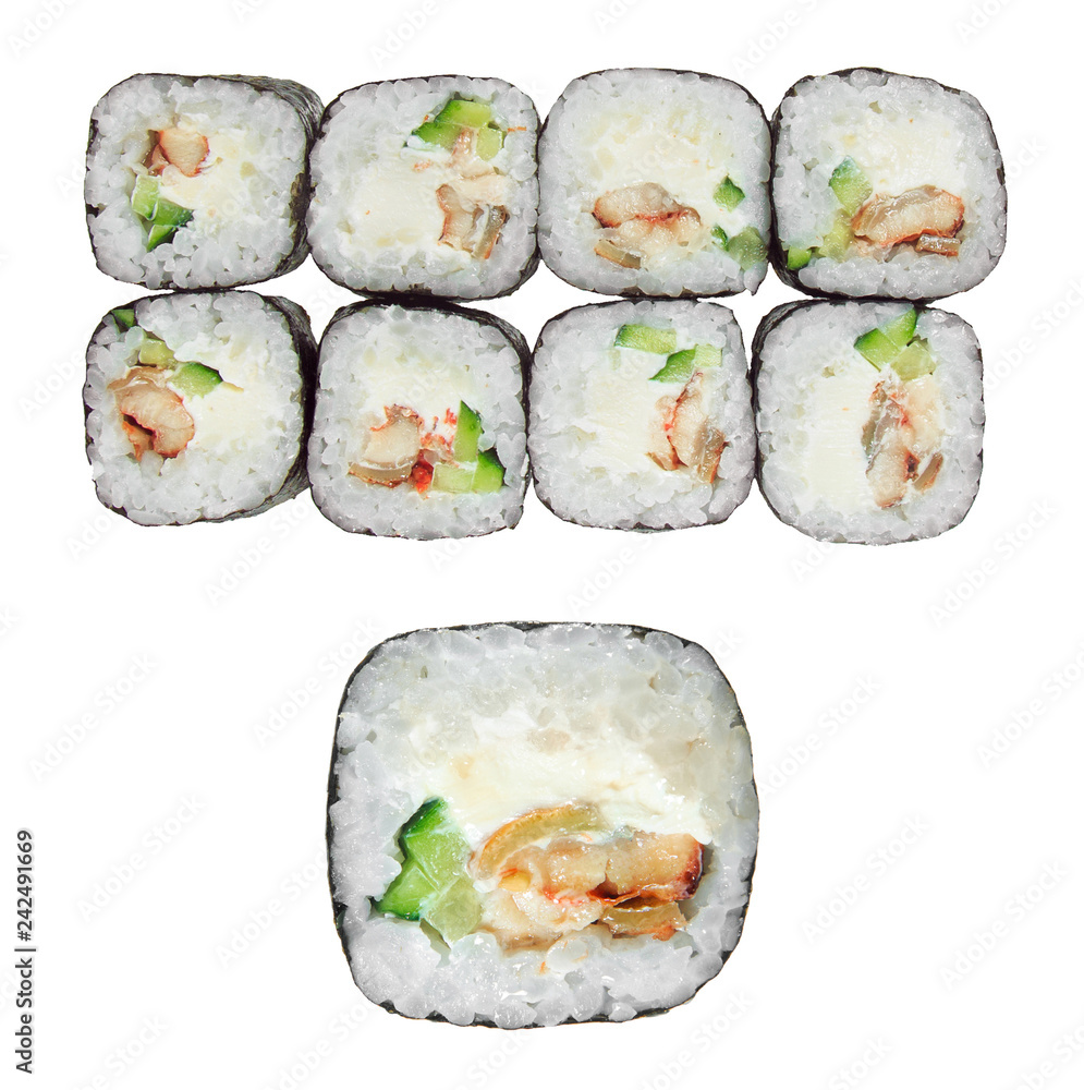 Sushi roll with eel, cheese philadelphia and cucumber. Isolated on white background. Sushi roll with eel, cheese philadelphia and cucumber. Isolated on white background.