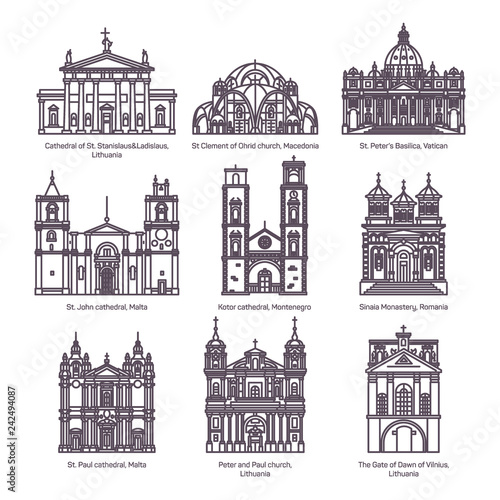 Set of isolated churches of europe in thin line