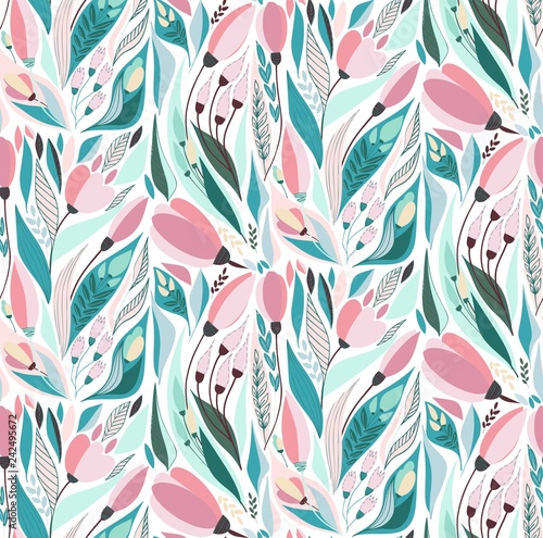 Lovely bright tender rustic folk art herbal floral spring pattern of hand drawn tulips with leaves vector illustration. Perfect for greetings card, textile, fabric, wallpapers, banners, phone case