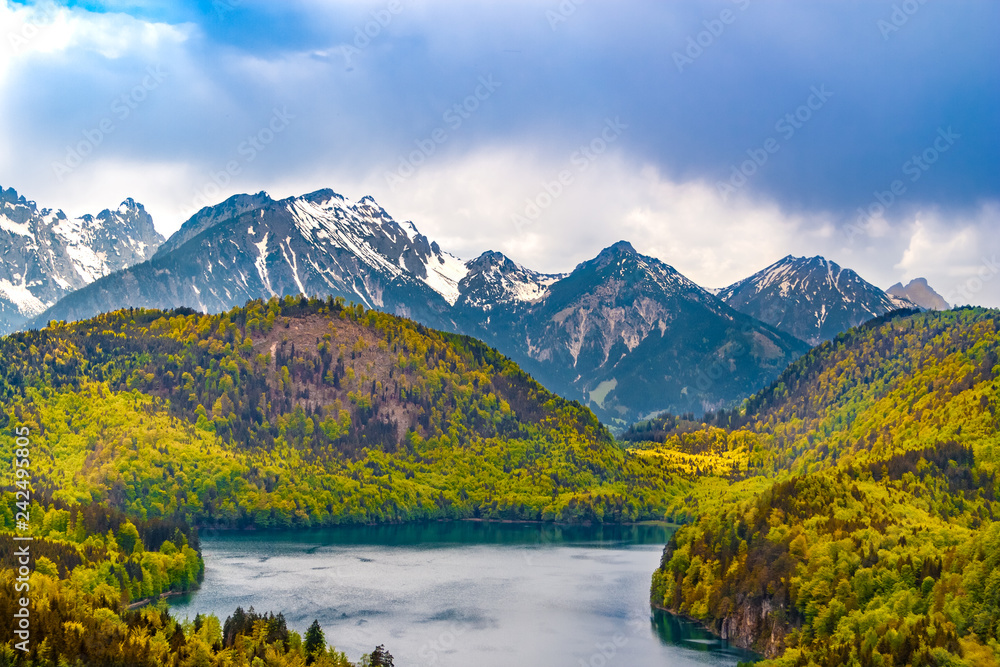 Great panoramic view of the lake Alpsee, the surrounding hills with forest & the amazing snow-capped mountain tops of the Alps in the background. The beautiful nature is a popular tourist destination.
