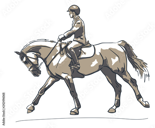 Sketch of a show jumping rider cantering on ahorse.