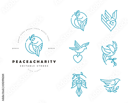 Vector icon and logo peace and charity. Editable outline stroke size. Line flat contour, thin and linear design. Simple icons. Concept illustration. Sign, symbol, element.