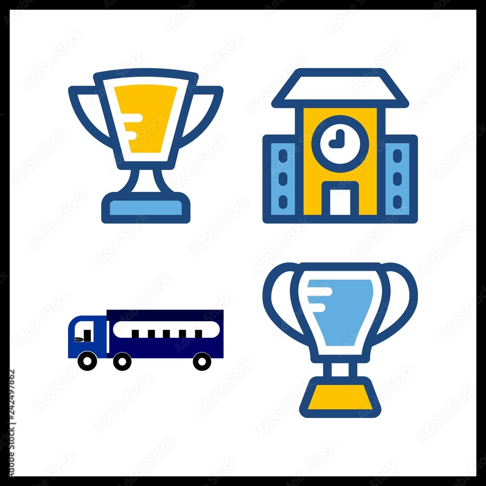 4 first icon. Vector illustration first set. school bus and trophy icons for first works 4 first icon. Vector illustration first set. school bus and trophy icons for first works