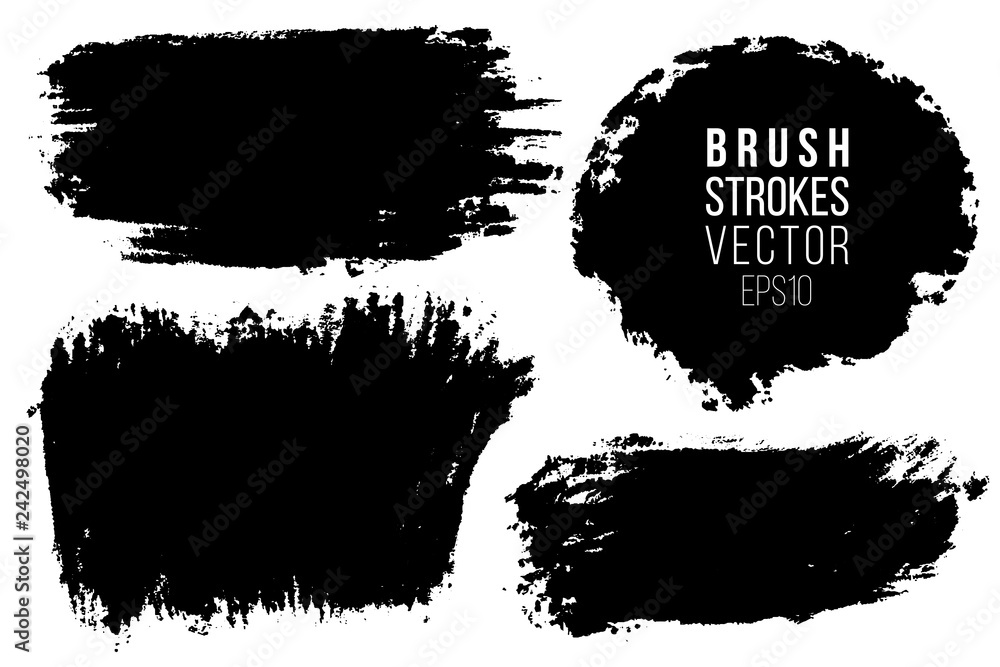 Vector set of big hand drawn brush strokes, stains for backdrops. Monochrome design elements set. One color monochrome artistic hand drawn backgrounds various shapes.