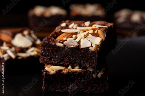 chocolate brownies with almond topping  selective focus