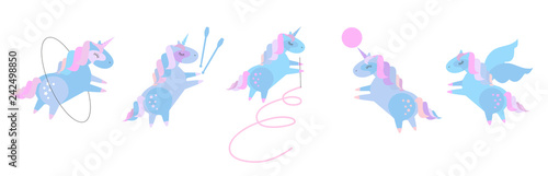 Cute baby unicorns in rhythmic gymnastics. Set of beautiful pony doing rhythmic gymnastics with ribbon  ball  hoop  skipping rope. Flat cartoon style illustration on white background