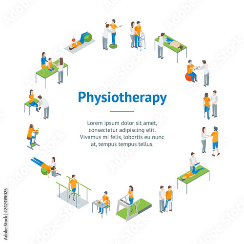 Physiotherapy People Banner Card Circle 3d Isometric View. Vector