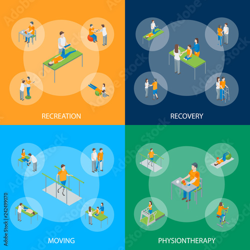 Physiotherapy People Banner Set 3d Isometric View. Vector