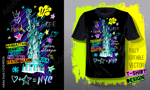 New York, city, american liberty, freedom, monument. Trendy t-shirt template, fashion t shirt design, bright summer, cool slogan lettering. Color pencil marker, ink, pen doodles sketch style
