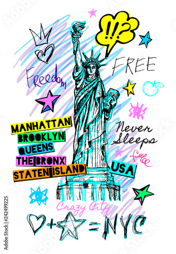 New York city statue of liberty, freedom, poster, t shirt, sketch style lettering, trendy graphic dry brush stroke, marker, color pen, ink America usa, NYC, NY. Doodle hand drawn vector illustration.