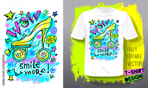 Wow rollers skates shoes. Trendy t-shirt template, fashion t shirt design, bright, summer, cool slogan lettering. Color pencil, marker, ink, pen doodles sketch style. Hand drawn illustration vector.