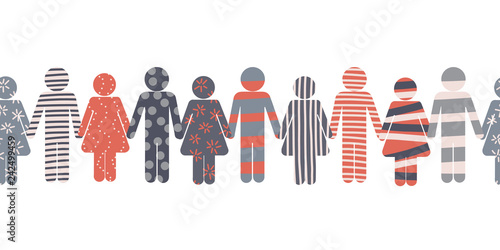 Pictogram border of. Symbols of men and women holding hand. Icons border. Textured colorful silhouettes of woman and man. Stick man symbols for cohesion, team spirit, togetherness, unity, community.