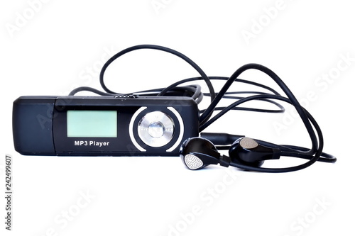 Front view of black digital portable mp3 player with connected modern earphone on white background. Isolated