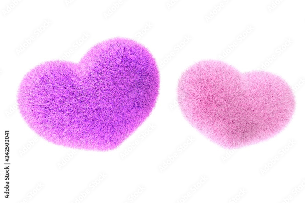 Furry heart. Heart from red fur. 3d render of pink and blue heart illustration isolated on white background.