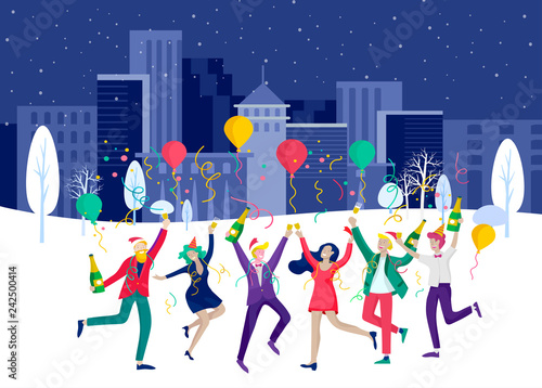 Landing page template or card winter Holidays corporate Party. Merry Christmas and Happy New Year Website with People Characters. Company of young friends or colleagues celebrates on Urban landscape