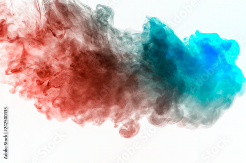 Waves of tinted smoke in blue and red on a white background, scattered in the form of a decorative ornament. Color transition in substance molecules.