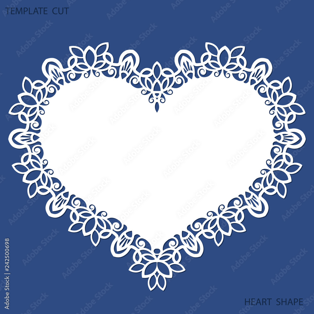 Greeting card with openwork border, paper doily under the cake, template for cutting in the form of heart, valentine card, wedding invitation, decorative plate is laser cut, vector illustrations. Greeting card with openwork border, paper doily under the cake, template for cutting in the form of heart, valentine card, wedding invitation, decorative plate is laser cut, vector illustrations.