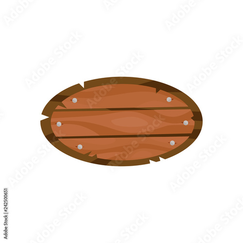 Oval wooden sign illustration. Nail, board, frame. Advertising concept. Can be used for topics like woodwork, pub, restaurant, bar