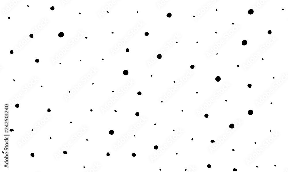 Seamless pattern hand drown spots, polka dots. Random dots, bubbles, circles. Background with black grain, dirt, blobs on white. Messy grunge elements. Irregular chaotic abstract vector illustration.