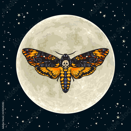 Deaths head hawkmoth on the full Moon background. Halloween decoration. Skull moth butterfly design for tattoo, t shirt print. Hand drawn vector illustration isolated.