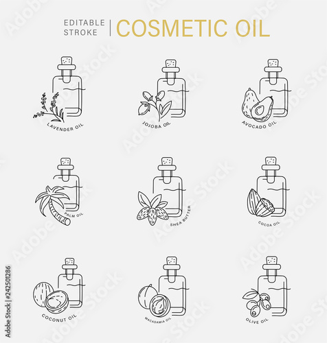 Vector icon and logo for natural cosmetics oil care dry skin. Editable outline stroke size. Line flat contour, thin and linear design. Simple icons. Concept illustration. Sign, symbol, element.
