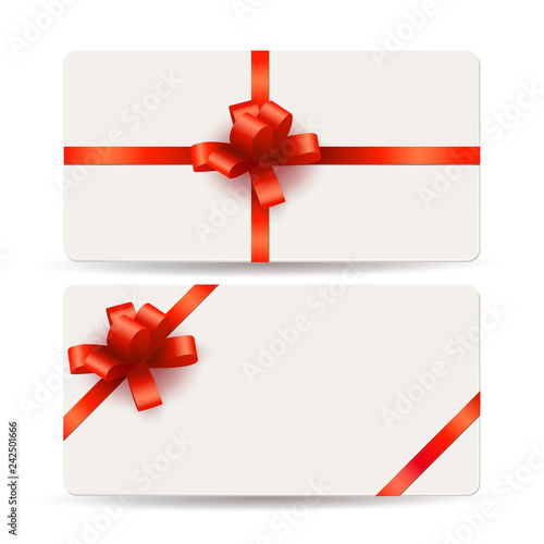 Blank gift cards template with red bows and ribbons