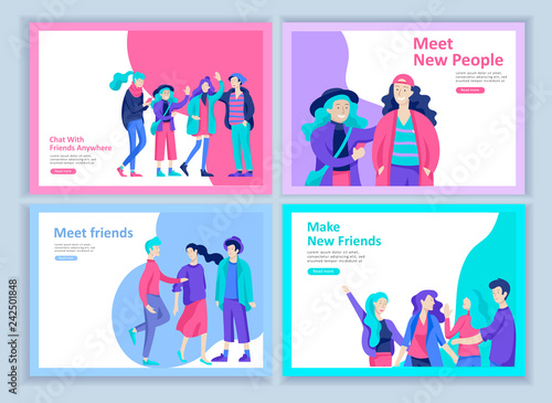 Set of Landing page templates. Vector people happy friends character teenagers with gadgets are walking and chatting, meet new people, chat with old friends and make new. Colorful flat illustration