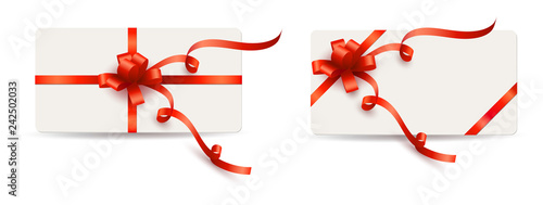 Set of elegant white cards with red gift bows and ribbons