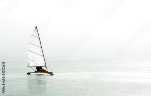 Ice sailing on frozen Lake Balaton, Hungary