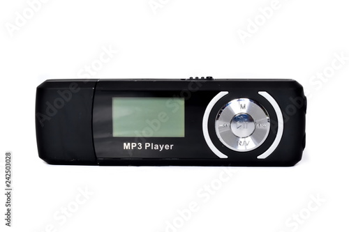 Front view of black digital portable mp3 player with display on white background. Isolated photo