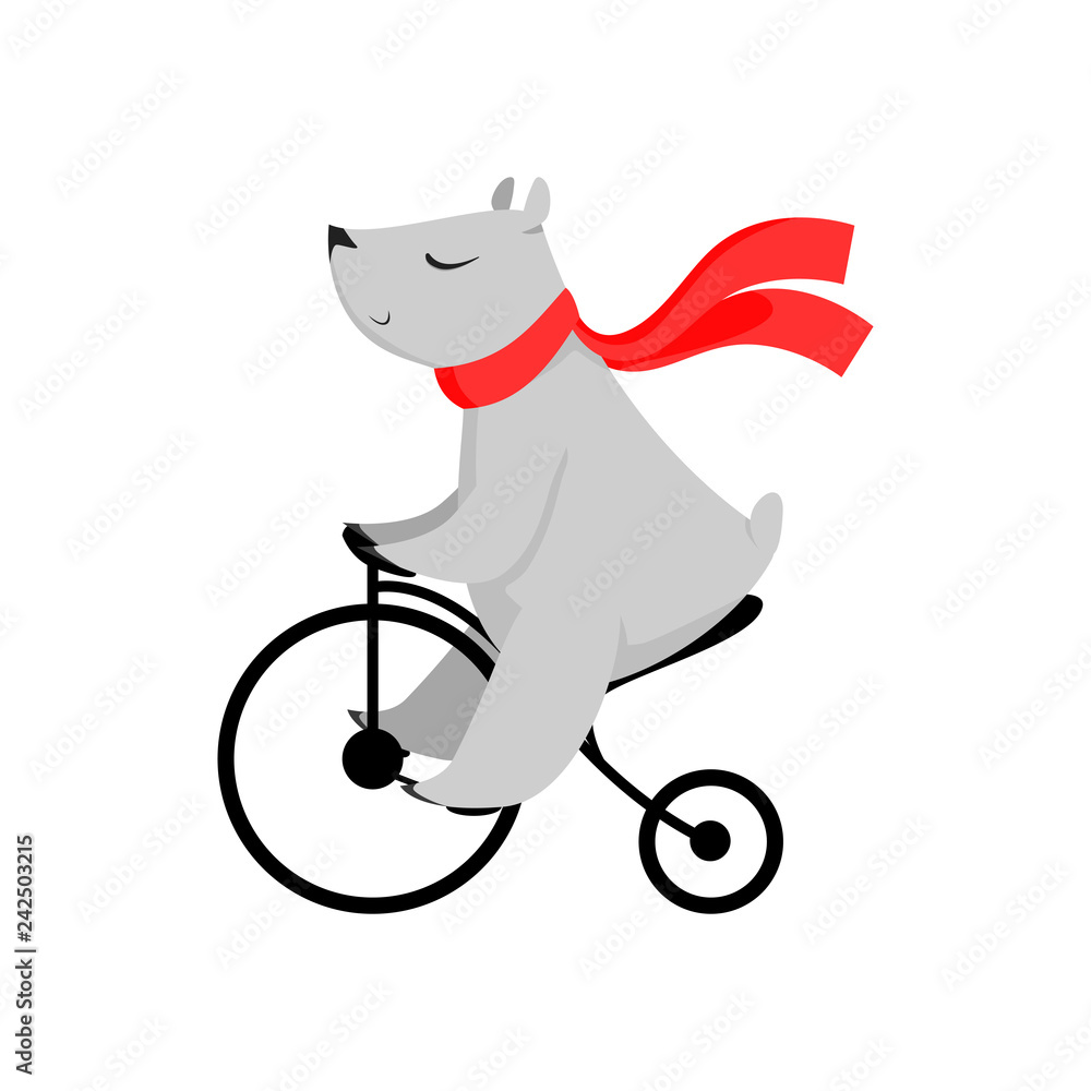 Cartoon bear in red scarf riding bike. Cute character, bicycle, activity.  Animal concept. Can be used for topics like circus, show, sport Stock  Vector | Adobe Stock