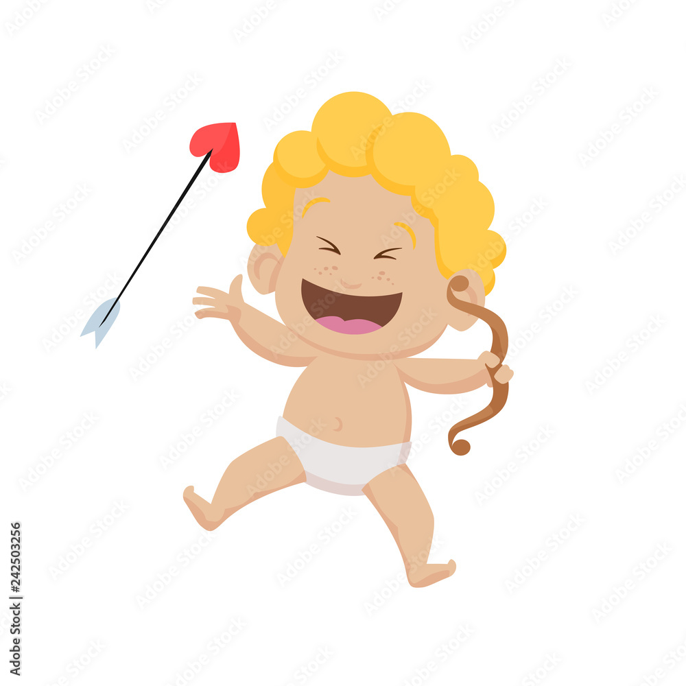 Cheerful cartoon cupid with bow and arrow laughing. Cute character, toddler, fun, joy. Valentines day concept. Can be used for topics like love, romance, dating