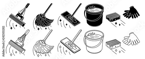 Cleaning tools set, mop, bucket thin line icon, isolated on white. Vector illustration.