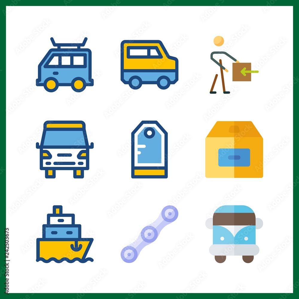 9 shipping icon. Vector illustration shipping set. van and chain icons for shipping works