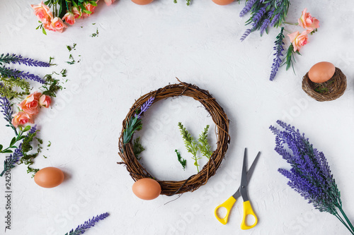 Easter concept. Set for making Easter wreath - spring flowers, herbs, eggs