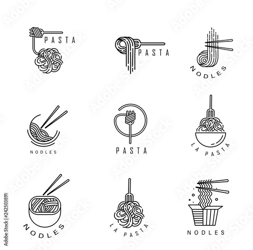 Vector icon and logo for italian pasta or noodles. Editable outline stroke size. Line flat contour, thin and linear design. Simple icons. Concept illustration. Sign, symbol, element.