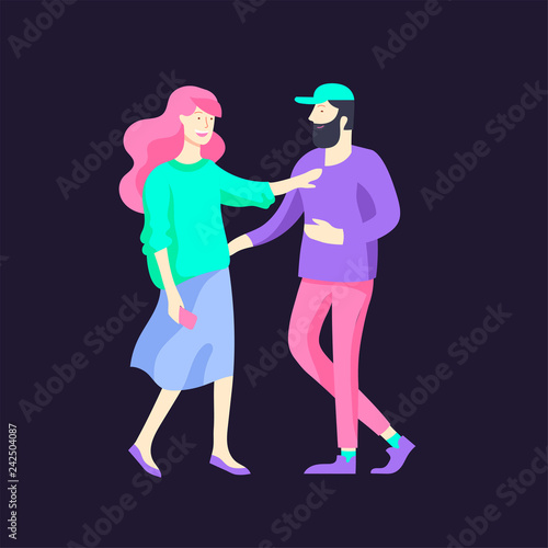 Vector people character walking on the street in autumn or winter clothes, friends and couples. Colorful Group of male and female flat cartoon characters