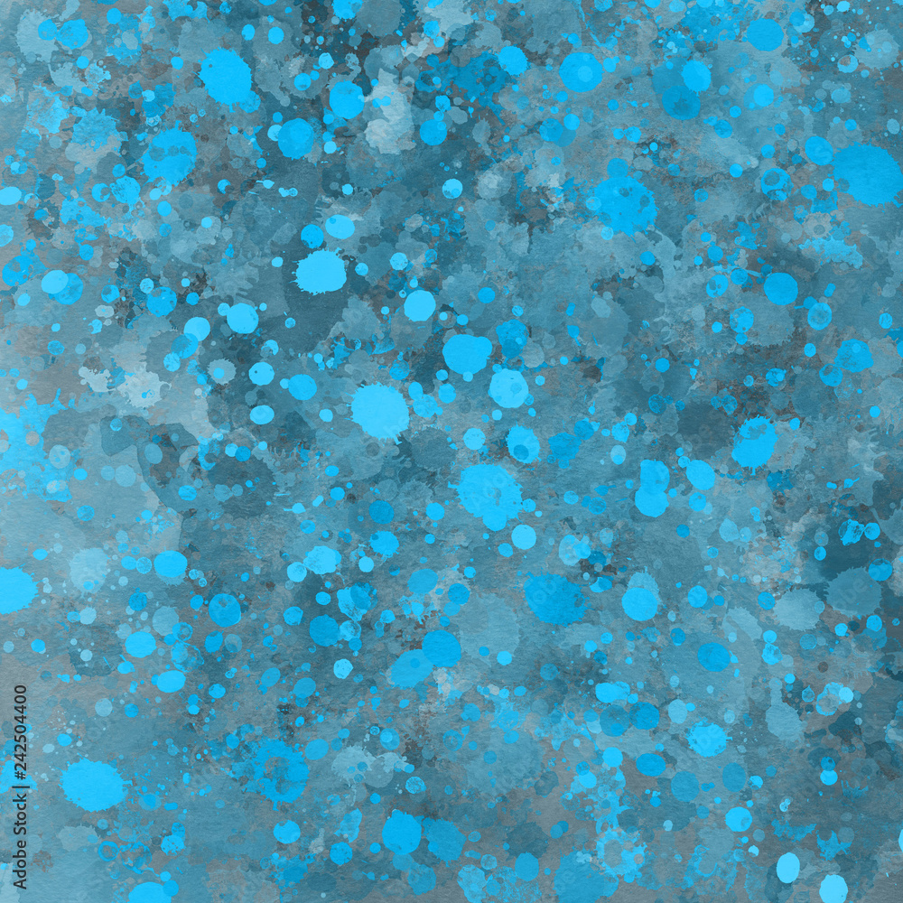 Blue paint splatter effect texture on white paper background. Artistic backdrop. Different paint drops. Blue paint splatter effect texture on white paper background. Artistic backdrop. Different paint drops.