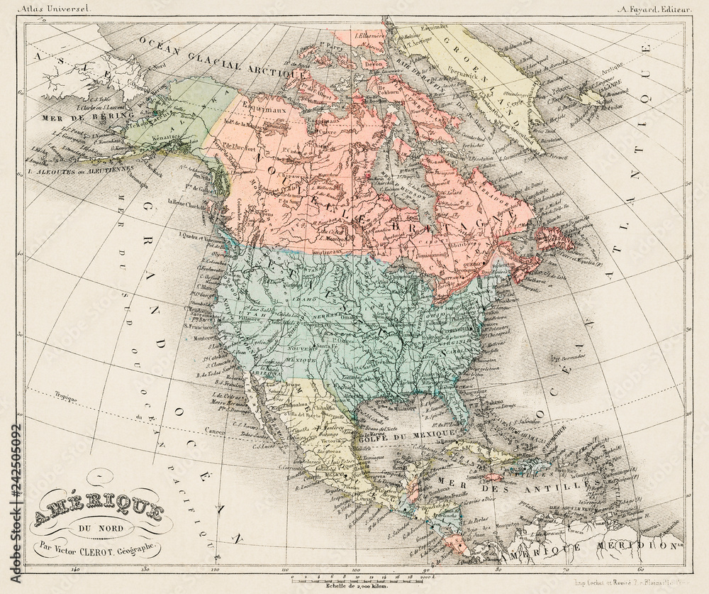 Old map North America, Amerique du Nord from Atlas Universel by Arthème Fayard, pseudonyme F. de la Brugere 1878, vintage cartographic map of the United States of America, Canada and Mexico